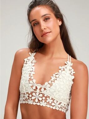 Free People Miss Dazie Cream Floral Crochet Bralette with Double Straps Medium